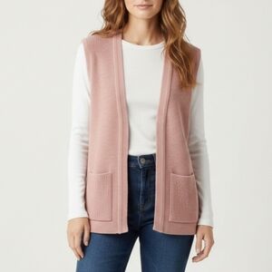 Sz M Vintage 1970s Helen Harper Ribbed Dusty Rose Pink Open-Front Cardigan Vest